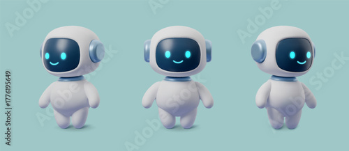 3D set robot, AI icon featuring cute chatbot character in futuristic digital style. Smart tech mascot for virtual assistant, innovation, and artificial intelligence design friendly and modern vector