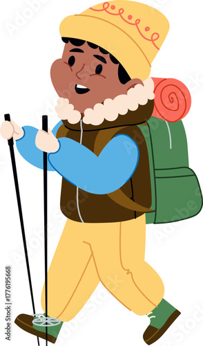Hiker Boy with Backpack and Poles