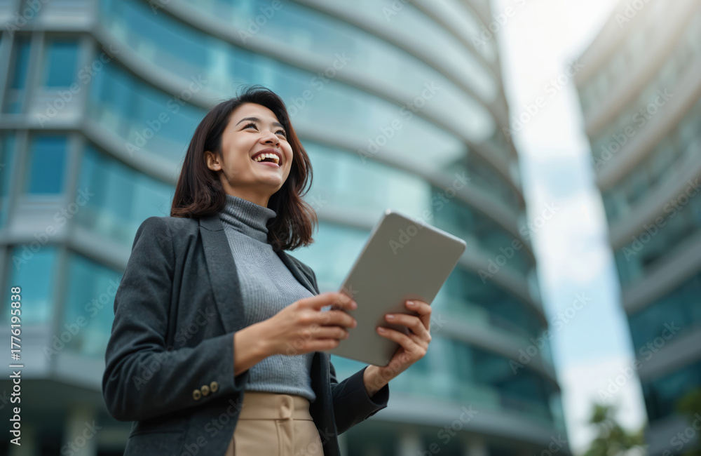 Fototapeta premium Happy businesswoman holds tablet device in business district. Woman smiles. Looks up at skyline. Modern office building at background. Leadership. Digital innovation. Positive emotion. Future vision.