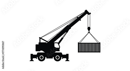 Silhouette of a mobile crane lifting a shipping container in a black and white graphic illustration