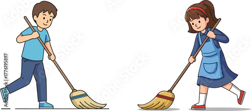 Happy boy and girl sweeping floor together with brooms, smiling children cleaning house, teamwork, responsibility, playful household chores vector illustration