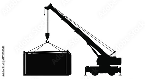 Silhouette of a mobile crane lifting a large industrial container against a white background for construction and logistics