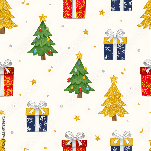 UN PATTERN DI NATALE CON PACCHI REGALO E ALBERI