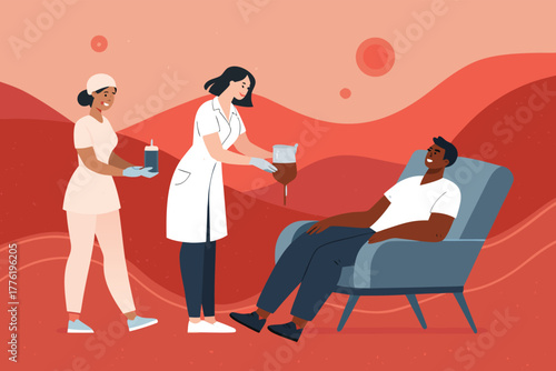 Blood donation drive dedicated volunteers assist nurse in saving lives, community spirit, medical facility, happy donors.