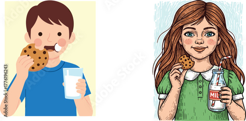 Happy children eating cookies with milk together, cartoon illustration of boy and girl enjoying sweet snack, fun family moment artwork