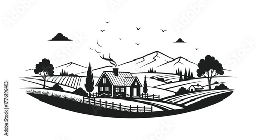 Rustic farmhouse nestled in rolling hills with vineyards and distant mountains under a cloudy sky