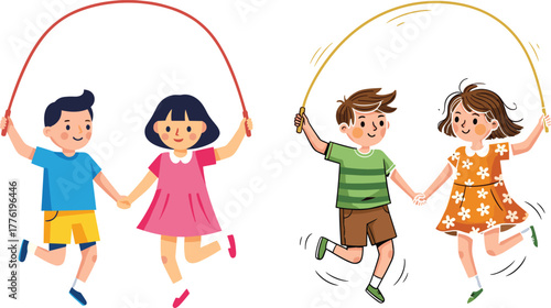 Happy children playing together with colorful jump ropes in pairs, joyful outdoor activity illustration showing friendship, teamwork, fun, exercise, and energy