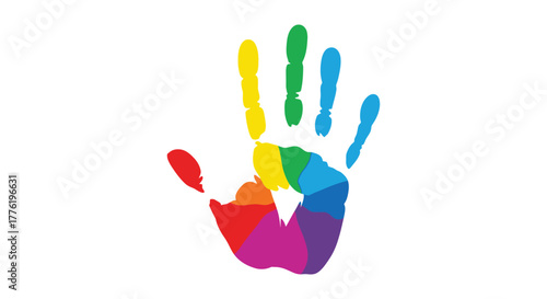 Colorful rainbow handprint symbolizing diversity inclusion and unity against a clean white background