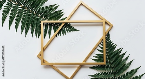 Two golden frames overlapping with green fern leaves on a white background, creating a natural aesthetic.