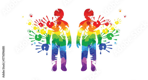 Two colorful rainbow human silhouettes with handprints radiating outwards symbolizing diversity and pride