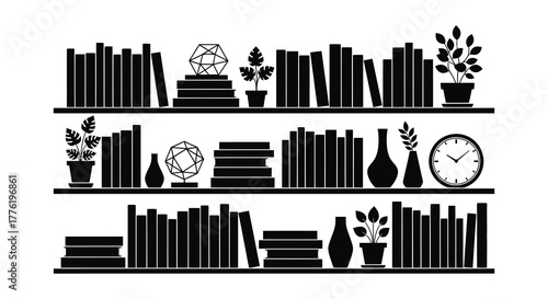 Three shelves filled with books decorative objects plants and a clock in a silhouette style