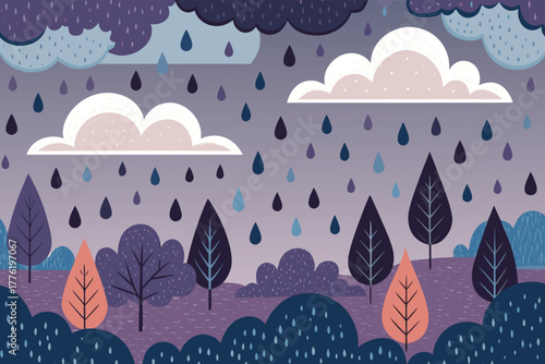 Seamless pattern of autumn clouds with raindrops.