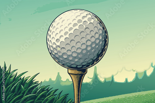 Extreme close-up, pristine white golf ball perfectly balanced on a wooden tee, soft focus green fairway stretches into bokeh.