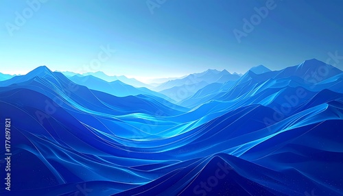 Ethereal blue mountains recede into a hazy, glowing horizon. Soft waves suggest fluidity and depth. Serene and dreamlike