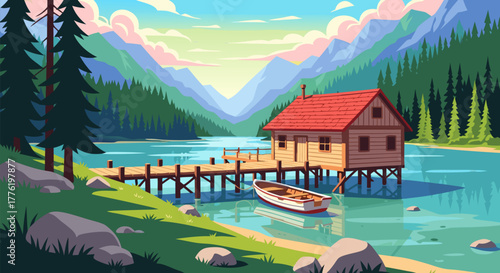 Serene Lakeside Mountain Retreat with Cozy Wooden Cabin on Dock, Tranquil Nature Landscape Vector Illustration