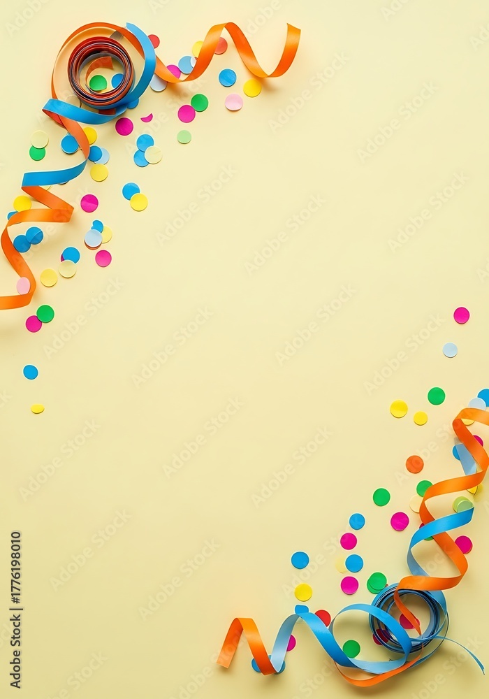 Fototapeta premium Festive image featuring colorful confetti and ribbons on a light yellow background, perfect for celebrations.