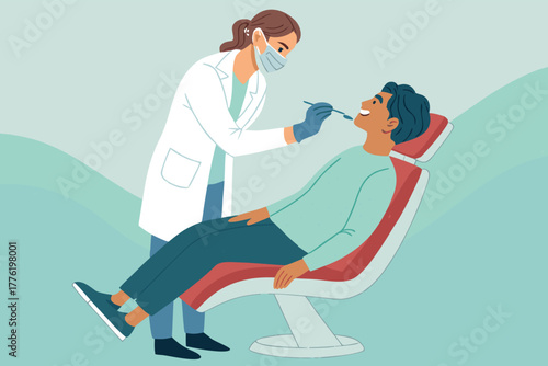 Dentist examining patient's teeth in a modern clinic chair, bright sterile environment, focused professional, gentle care, dental tools, examination, treatment.