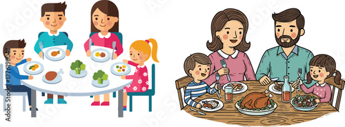 Happy families enjoying meals together at dining table with food, conversation, bonding, celebration, parenting, children, tradition, lifestyle, illustration