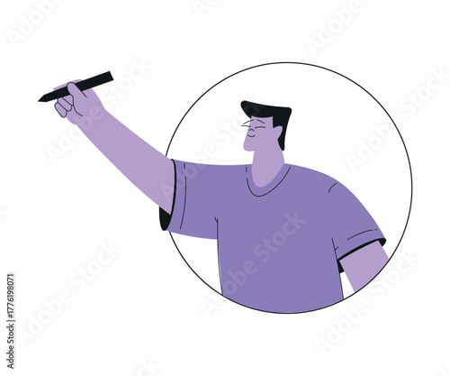 Man Work with Text Editing and Writing Article with Pencil Vector Illustration