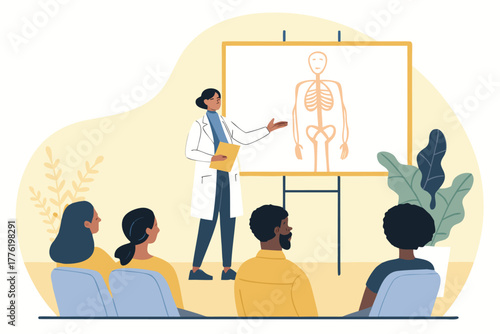 Doctor presenting detailed anatomical diagrams on a large screen, engaging audience with medical expertise and visual aids.