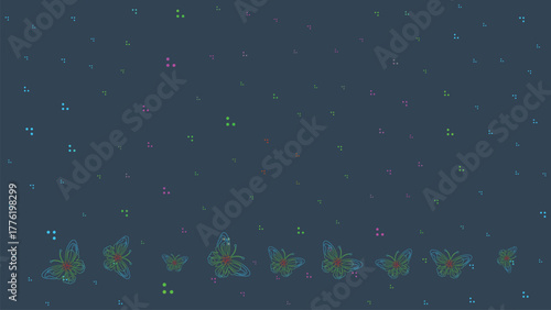 Colorful Neon Line Art Butterflies Flying in Gradient Formation on Dark Blue Background for Abstract Wallpaper and Digital Design