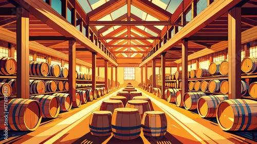 Very beautiful view of Buffalo Trace Distillery in Frankfort, Kentucky, USA, showcasing rows of bourbon barrels aging in wooden storage racks under warm ambient light.