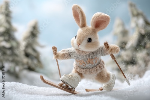 Cute bunny skiing in winter landscape