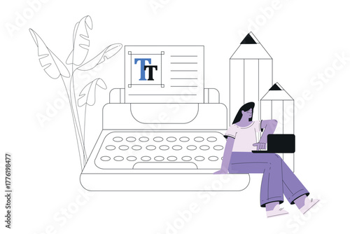 Woman Work with Text Editing and Writing Article on Typewriter Vector Illustration