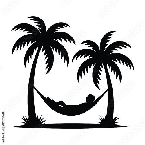 Silhouette of a person relaxing in a hammock strung between two palm trees on a tropical beach