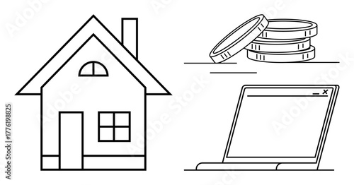 House outline, coins stack, open laptop represent home buying, investment, budgeting, property management. Ideal for finance, real estate, digital tools savings economy housing simple flat