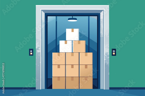 An elevator cab, overflowing with neatly stacked moving boxes, ascending vertically, symbolizing logistics and growth.