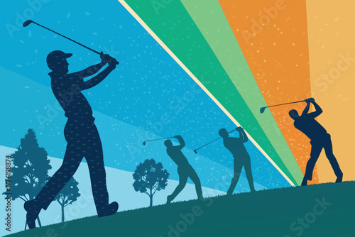 Sunny driving range, multiple golfers practicing swings, balls in air, calm afternoon, green grass, blue sky.