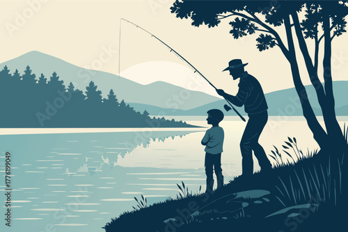 Gentle father patiently guides young son in casting fishing rod at tranquil lake shore, peaceful bonding, childhood memories, scenic nature.