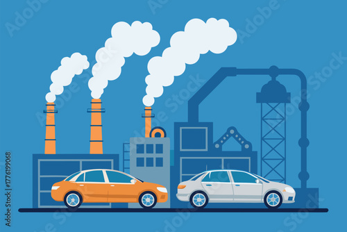 Car factory testing emission control system, flat design.