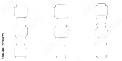 CAD Drawings. Outline of Various armchairs top elevation view isolated on white background. Vector illustration.