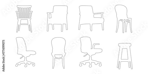CAD Drawings. Outline of Various chairs front view isolated on white background. Vector illustration.