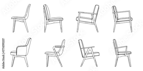 CAD Drawings. Various chairs side view isolated on white background. Vector illustration.