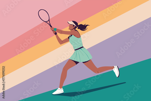Dynamic female tennis player executing powerful forehand shot, side profile, focused intensity, athletic motion, vibrant court, full swing.