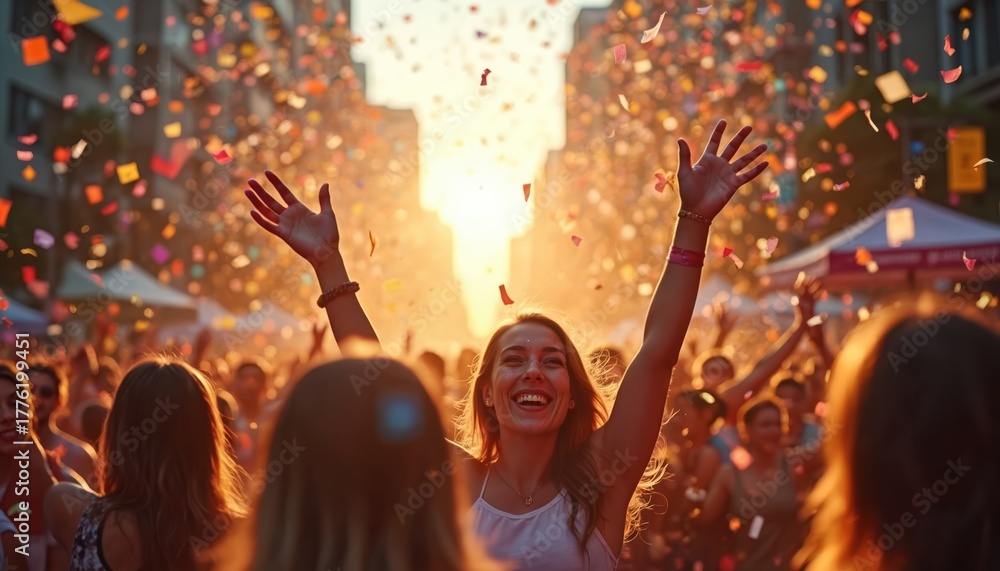 Obraz premium Joyful crowd celebrates with colorful confetti falling in urban street party setting. People cheer, dance, and enjoy outdoor festival during golden hour sunset light.