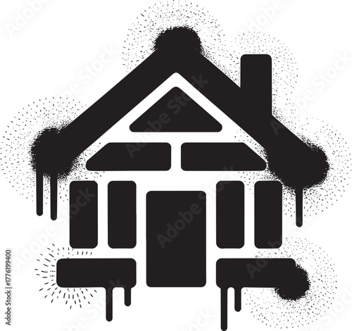 Solid house shape graffiti spray paint style with chimney dripping black ink effect
