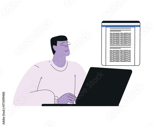 Man Work with Text Editing and Writing Article on Laptop Vector Illustration