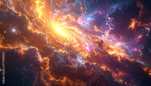 Ethereal cosmic view of a swirling nebula with vibrant orange, purple and white hues