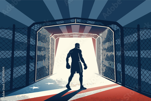 A determined fighter strides through a brightly lit tunnel into an MMA cage, ready for combat, intense focus, adrenaline.