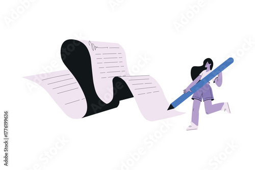 Woman Work with Text Editing and Writing Article with Pen on Paper Vector Illustration