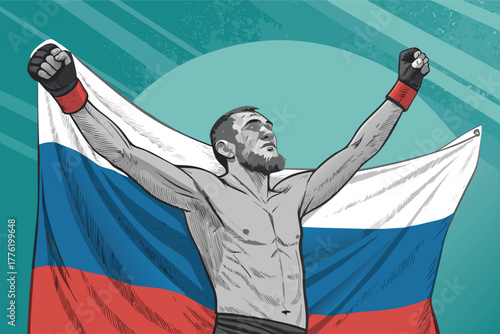 Victorious fighter draped in country's flag post-fight celebration, emotion, triumph, joy, pride.