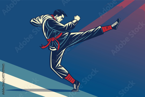 Dynamic martial artist executing a powerful flying knee strike, mid-air, capturing intense focus and athletic prowess in a combat sports context.