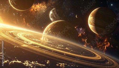Ethereal cosmic vista showcasing planets and rings against a backdrop of stars and nebulae with golden light