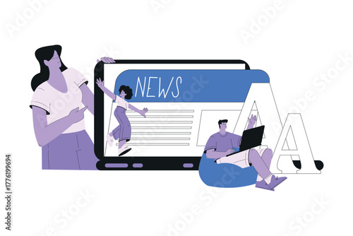 Man and Woman Work with Text Editing and Writing Article on Laptop Vector Illustration