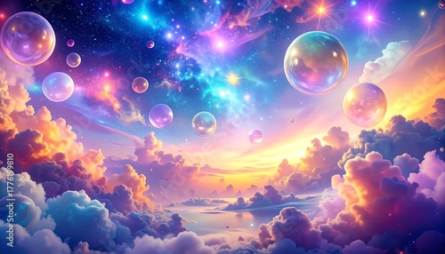 Ethereal dreamy scape with cloudscape below and cosmic nebulae above, bubbles floating between heaven and space