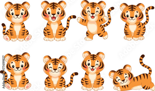 Cartoon baby tiger set, cute jungle animal clipart, playful tiger poses, children’s illustration, vector character design, kids art elements